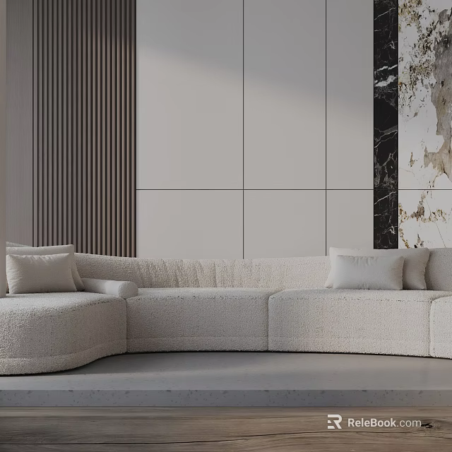 Minimalist Three-Seater Sofa With Plush Cushions And Vertical Slat Accent Wall 3d model 