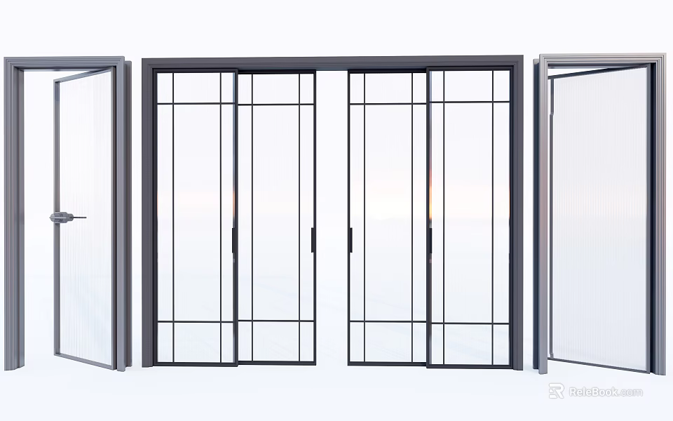 Modern Sliding Glass Doors With Black Frames And Transparent Glass Interior Design 3d model 