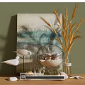 Ornamental Decor Set with White Bird Figurines Teal Painting Wheat Vase Shells on Green Wall