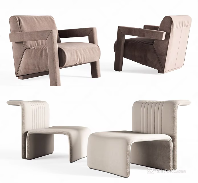 Modern Single Seater Sofa Designs With Velvet Upholstery And Unique Armrests 3d model 