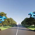 Blue Wave Design Entrance Gate With Trees On Both Sides And Cars On Road