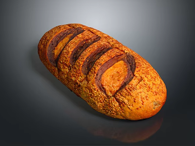 Crusty Golden Brown Artisan Bread With Diagonal Slits And Sesame Seeds Topping 3d model