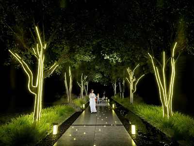 Decorative Lights Lighting Up Tree Lined Pathway At Night With Greenery And People 3d model