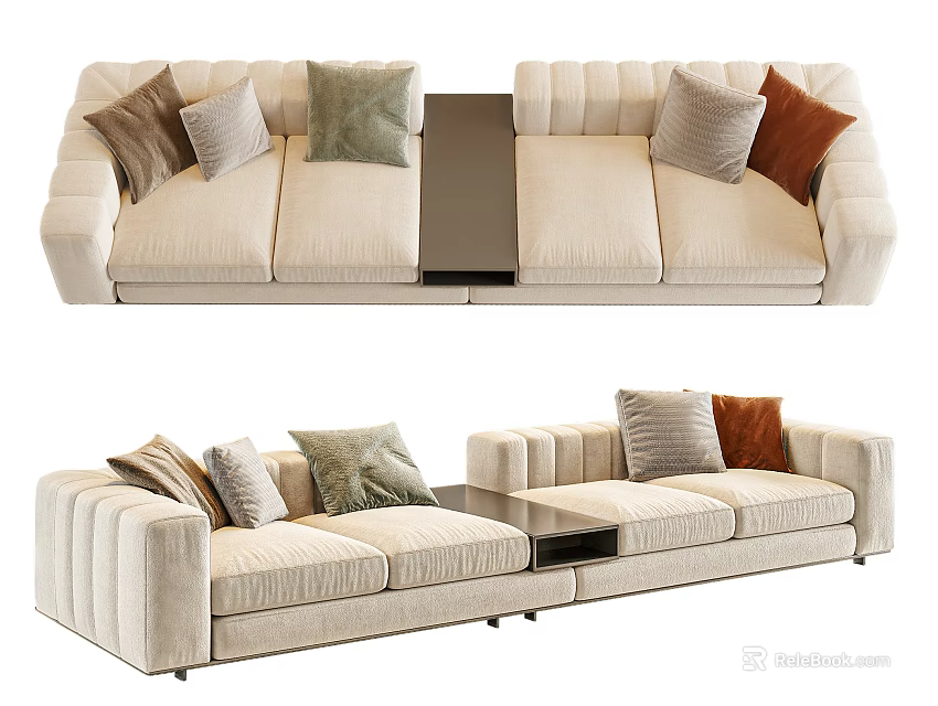 Modern Beige Striped Sectional Sofa Interior With Colored Cushions And Center Table 3d model 