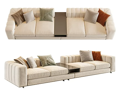 Modern Beige Striped Sectional Sofa Interior With Colored Cushions And Center Table 3d model