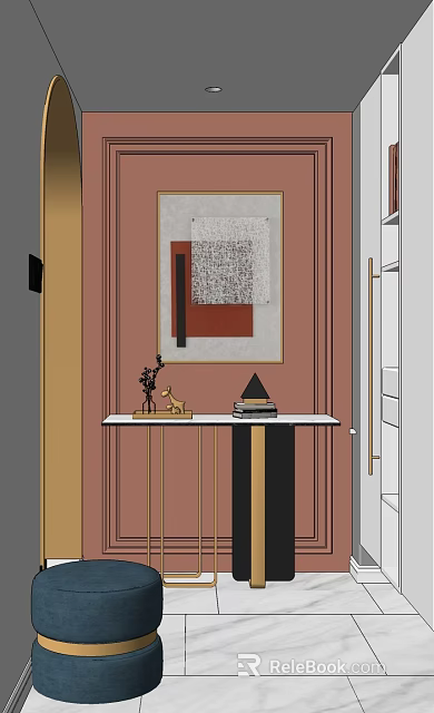 Modern Entryway Console Table With Pink Wall Artwork And Decorative Items 3d model