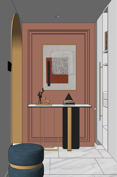 Modern Entryway Console Table With Pink Wall Artwork And Decorative Items 3d model