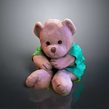 Children's Pink Teddy Bear Plush Toy Wearing Green Outfit On Gray Background