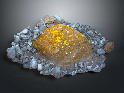 Large Natural Rock With Yellow Spots Surrounded By Small Stones And Pebbles 3d model