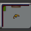 Yellow Robot In Room With LEVEL Sign Blue Glowing Object Warning Stripes And Door 1