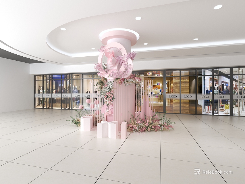 Pink Sculpture Carving In Hall With Floral Arrangements And White Boxes Near Glass Doors And Store 3d model 