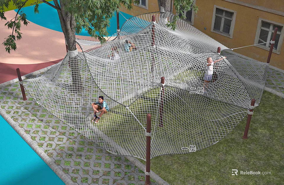 Kindergarten Outdoor Playground Featuring Climbing Net Structure With Children Playing In Green Grass 3d model 