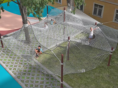 Kindergarten Outdoor Playground Featuring Climbing Net Structure With Children Playing In Green Grass 3d model
