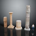 Ancient Style Stone Columns With Various Designs And Scale Human Figure 3d model