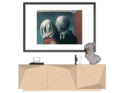 Interior Decor With Framed Painting Two Hooded Figures Geometric Cabinet White Cup Books And Figurine 3d model