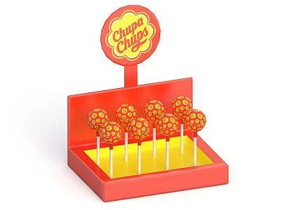Chupa Chups Lollipops In Red Display Stand With Yellow Base And Patterned Design 3d model