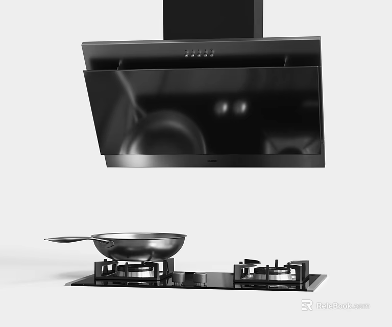 Modern Stainless Steel Kitchen Range Hood with Gas Stove and Frying Pan 3d model 
