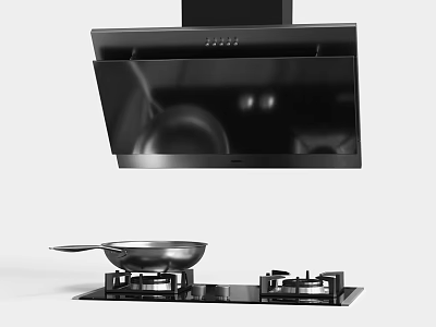 Modern Stainless Steel Kitchen Range Hood with Gas Stove and Frying Pan 3d model