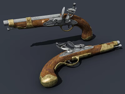 Vintage Pistols With Wooden Grips And Metal Components Design Details 3d model