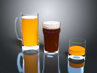 Assorted Beer Glasses With Golden Dark Brown Orange Drinks and Foam on Reflective Dark Surface 3d model