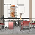 Modern Dining Table Set With Red Chairs Pendant Lights And Wall Art 3d model