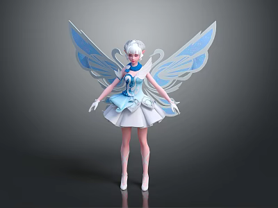 Magical Fantasy Game Movie Character With Blue Wings White Hair And Blue White Dress 3d model
