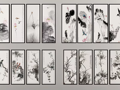 Traditional Chinese Ink Paintings With Floral Bird Motifs And Natural Elements 3d model
