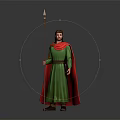 Medieval Warrior In Green Robe With Red Cape Holding Long Spear