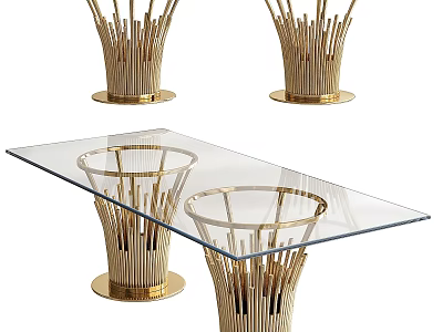Elegant Modern Glass Top Dining Table With Gold Stem Like Legs And Round Base 3d model