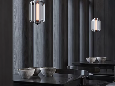 Minimalist Modern Restaurant with Dark Wooden Walls Hanging Glass Lantern Lights Black Tables and Ceramic Bowls 3d model