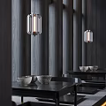 Minimalist Modern Restaurant with Dark Wooden Walls Hanging Glass Lantern Lights Black Tables and Ceramic Bowls