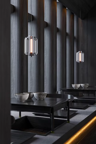 Minimalist Modern Restaurant with Dark Wooden Walls Hanging Glass Lantern Lights Black Tables and Ceramic Bowls 3d model