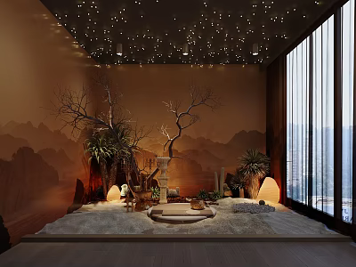 Chinese Zen Style Boutique Interior With Star Lights Landscape Painting Sand Stones And Circular Pool 3d model