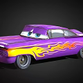 Cartoon Style Purple Car With Yellow Flame Decals And Big Blue Eyes