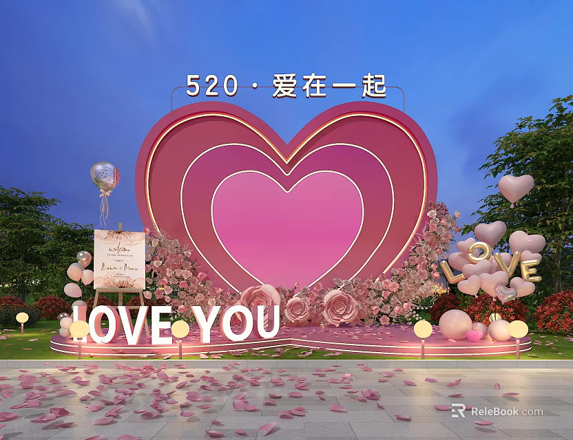 520 Romantic Love Together Photo Spot With Pink Heart Decoration And LOVE YOU Letters 3d model 