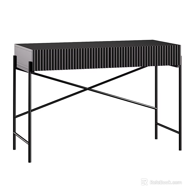 Modern Home Office Desk With Striped Surface And Black Cross Metal Frame 3d model 