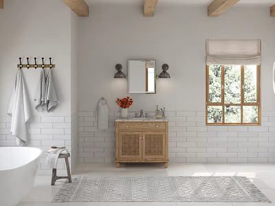 Other Bathroom Interior With White Tiles Wooden Vanity Bathtub And Rug 3d model