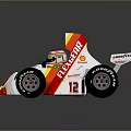 White Red Yellow Striped Racing Car with Shell Flylon Logos Helmeted Driver and Number 12