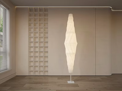 Abstract Shaped Floor Lamp In Modern Neutral Interior With Wooden Floor And Geometric Panel Wall 3d model