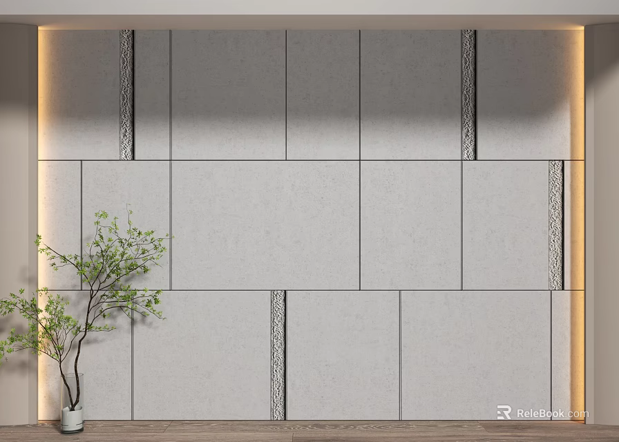 Gray Paneled Background Wall With Black Stripes Green Plant Wooden Floor And LED Strip Lighting 3d model 