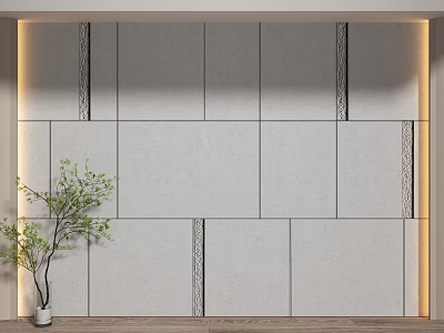 Gray Paneled Background Wall With Black Stripes Green Plant Wooden Floor And LED Strip Lighting 3d model