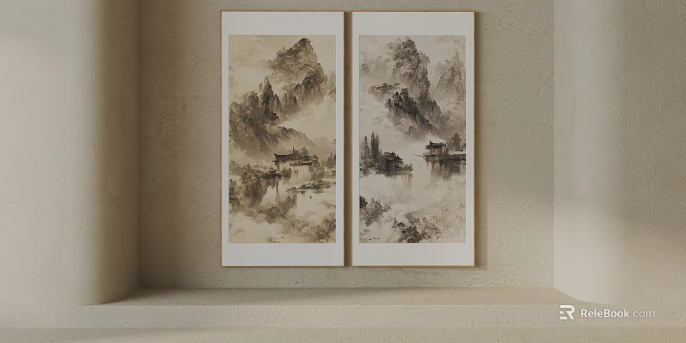 Traditional Chinese Landscape Paintings Hanging on Wall With Mountains Water and Pavilions 3d model 
