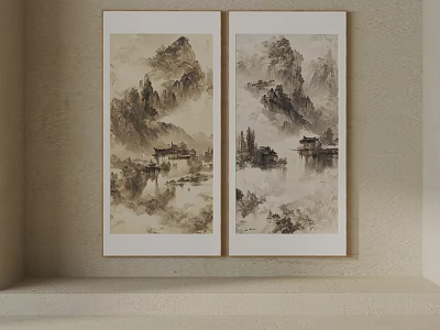 Traditional Chinese Landscape Paintings Hanging on Wall With Mountains Water and Pavilions 3d model