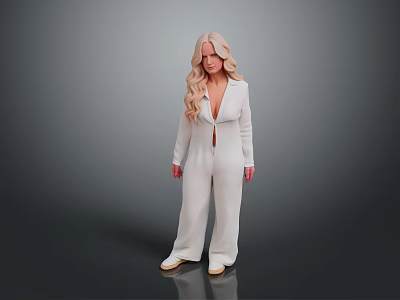 Blonde Woman In White Suit Set With Blazer And Wide Leg Pants On Gray Background 3d model