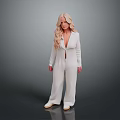 Blonde Woman In White Suit Set With Blazer And Wide Leg Pants On Gray Background