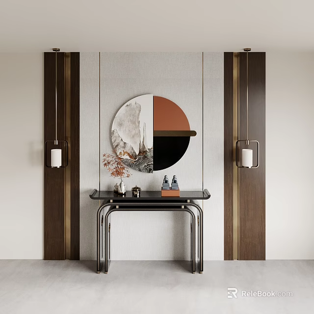 Modern Entryway Hallway Design With Round Mirror Wall Lamps And Console Table 3d model