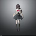 Anime Style Child Character in School Uniform with Pink Bow Gray Skirt and Purple Shoes
