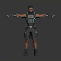 Male Sci Fi Character With Black Outfit Blue Accents And Arm Guards Standing Pose