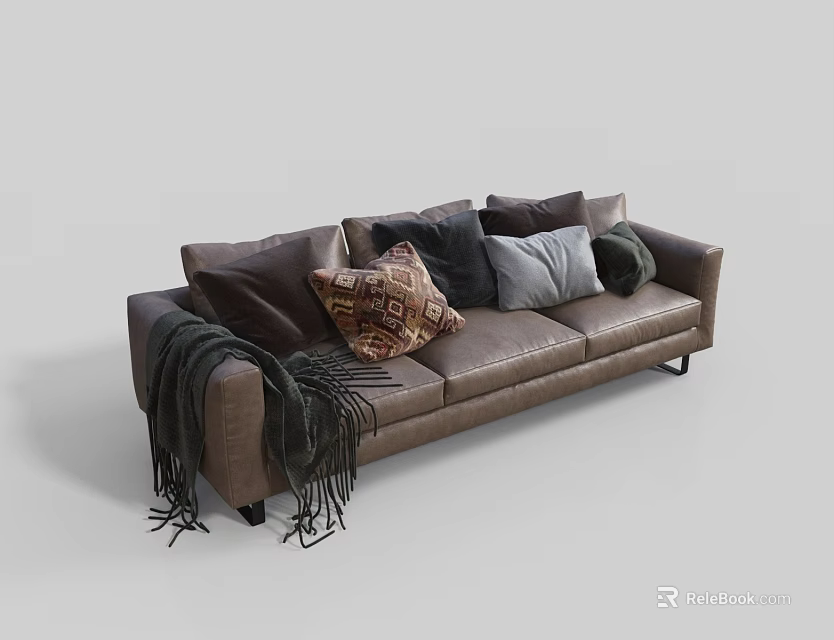 Brown Leather Three-Seater Sofa With Various Patterned Throw Pillows And Knitted Blanket Draped Over Armrest 3d model 