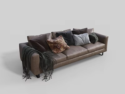 Brown Leather Three-Seater Sofa With Various Patterned Throw Pillows And Knitted Blanket Draped Over Armrest 3d model